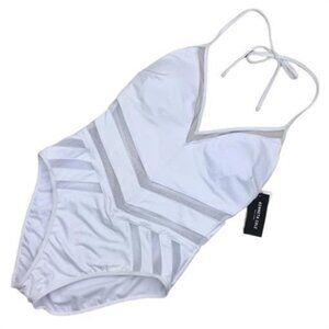 NWT Kenneth Cole White Sheer Mesh XL Solid Halter One-Piece Swimsuit #99535